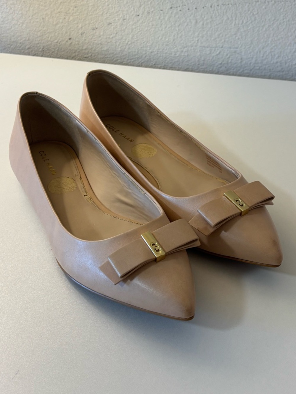 Cole Haan Blush Tan Bow-Trim Pointed Toe Flats